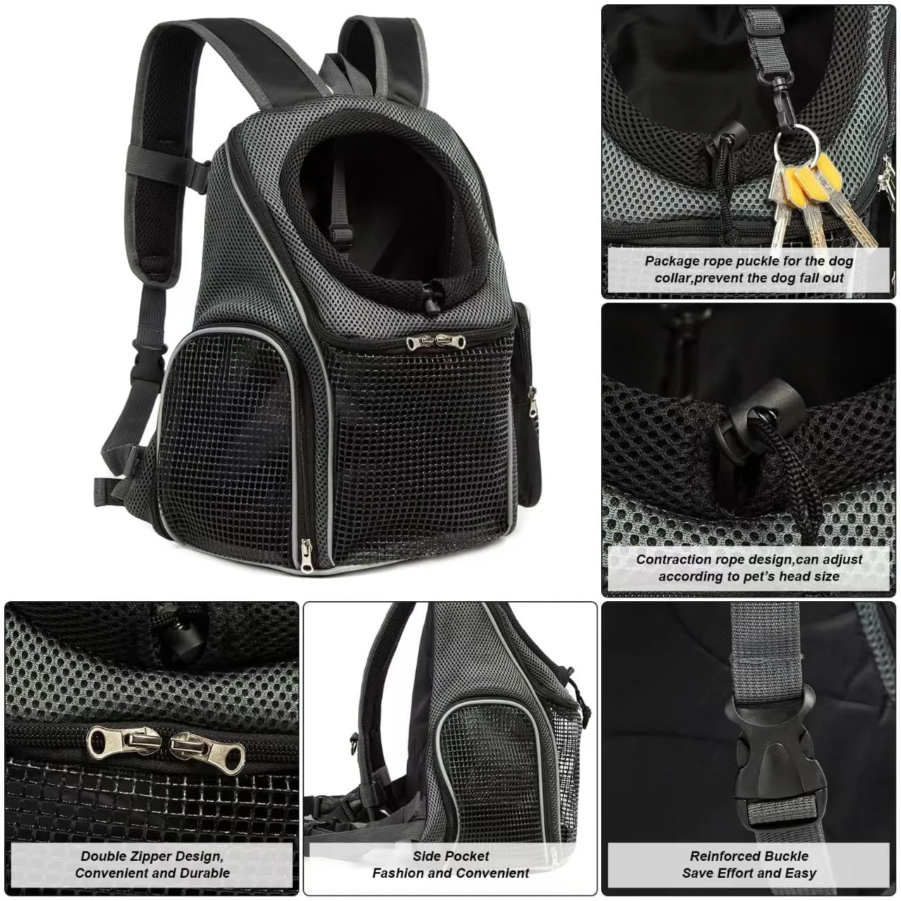 Pet Carrier Backpack with Mesh Ventilation Adjustable Straps Backpack (Black, Large)