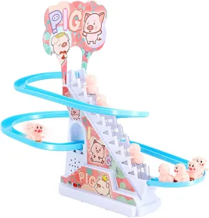 Pig Slide Toy Set, Automatic Stair-Climbing Pigs Escalator Race Track Set with Music and Lights