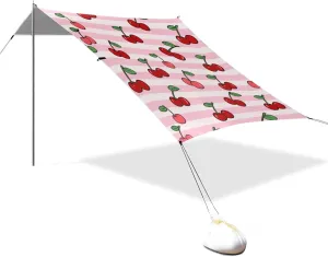 Pink White Striped Fruit Cherry Designed UPF50  Beach Cabana Tent Lightweight Sun Shelter with Sand Pockets for Camping, Picnics, Backyard & Fishing carpa para la Playa