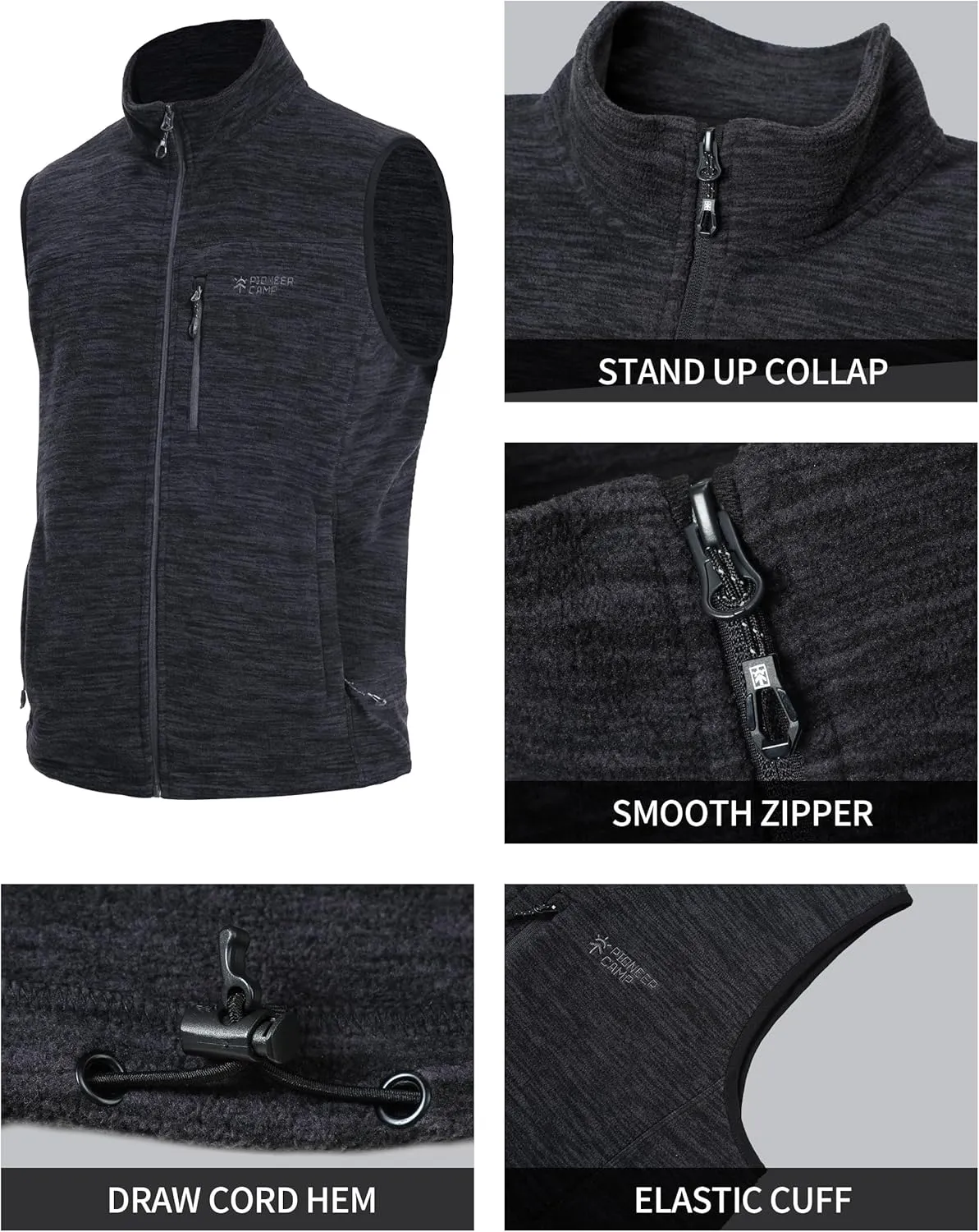 Pioneer Camp Men's Full-Zip Polar Fleece Vest Casual Lightweight Sleeveless Outerwear with 5 Pockets Soft Warm Winter Jacket