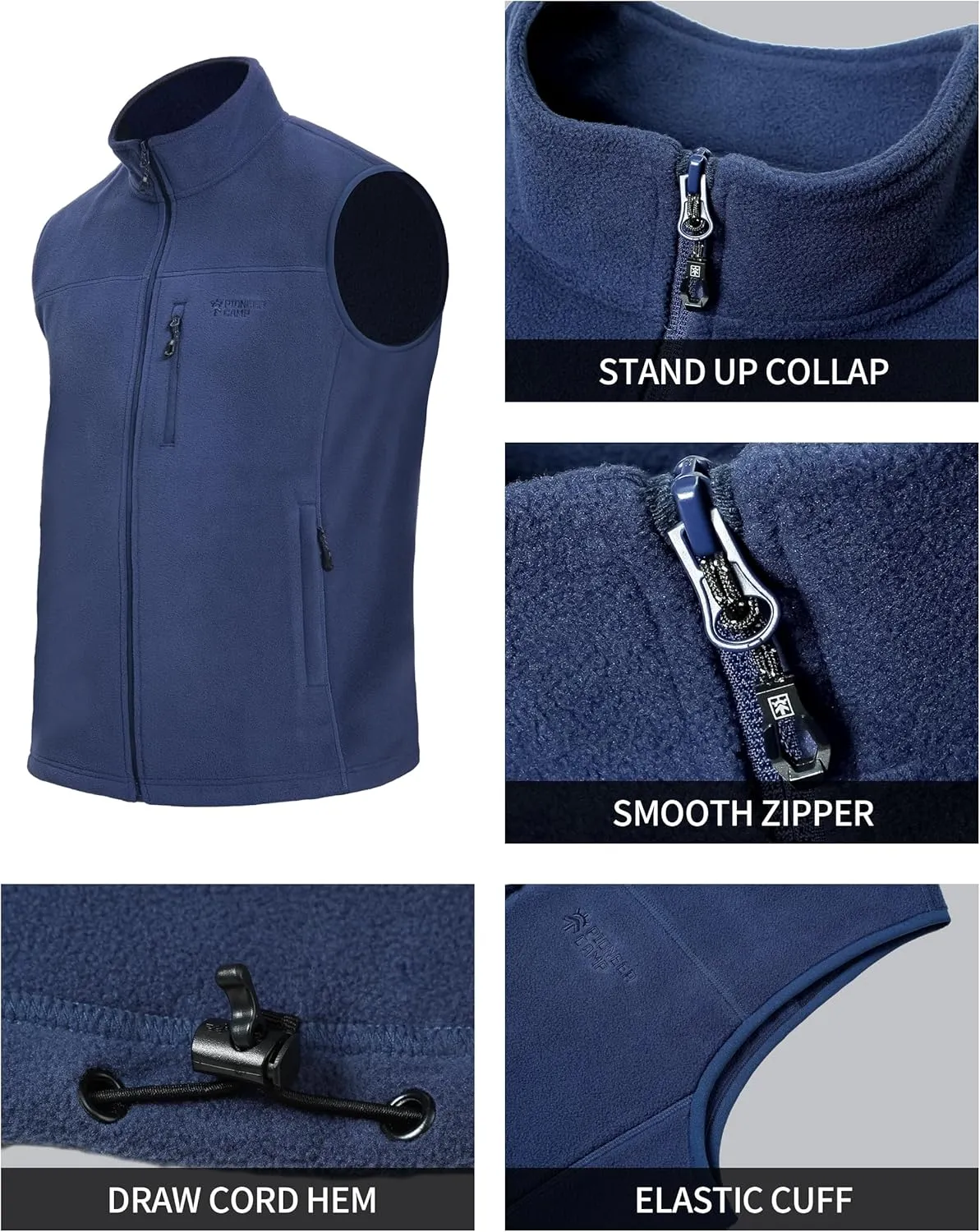 Pioneer Camp Men's Full-Zip Polar Fleece Vest Casual Lightweight Sleeveless Outerwear with 5 Pockets Soft Warm Winter Jacket
