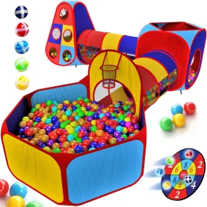 Playz 5pc Kids' Play Tents & Tunnels - Ball Pit for Toddlers, Basketball Hoop, Crawling Tubes, Pop-Up Playhouses, Baby Obstacle Course for Indoor or Outdoor Use