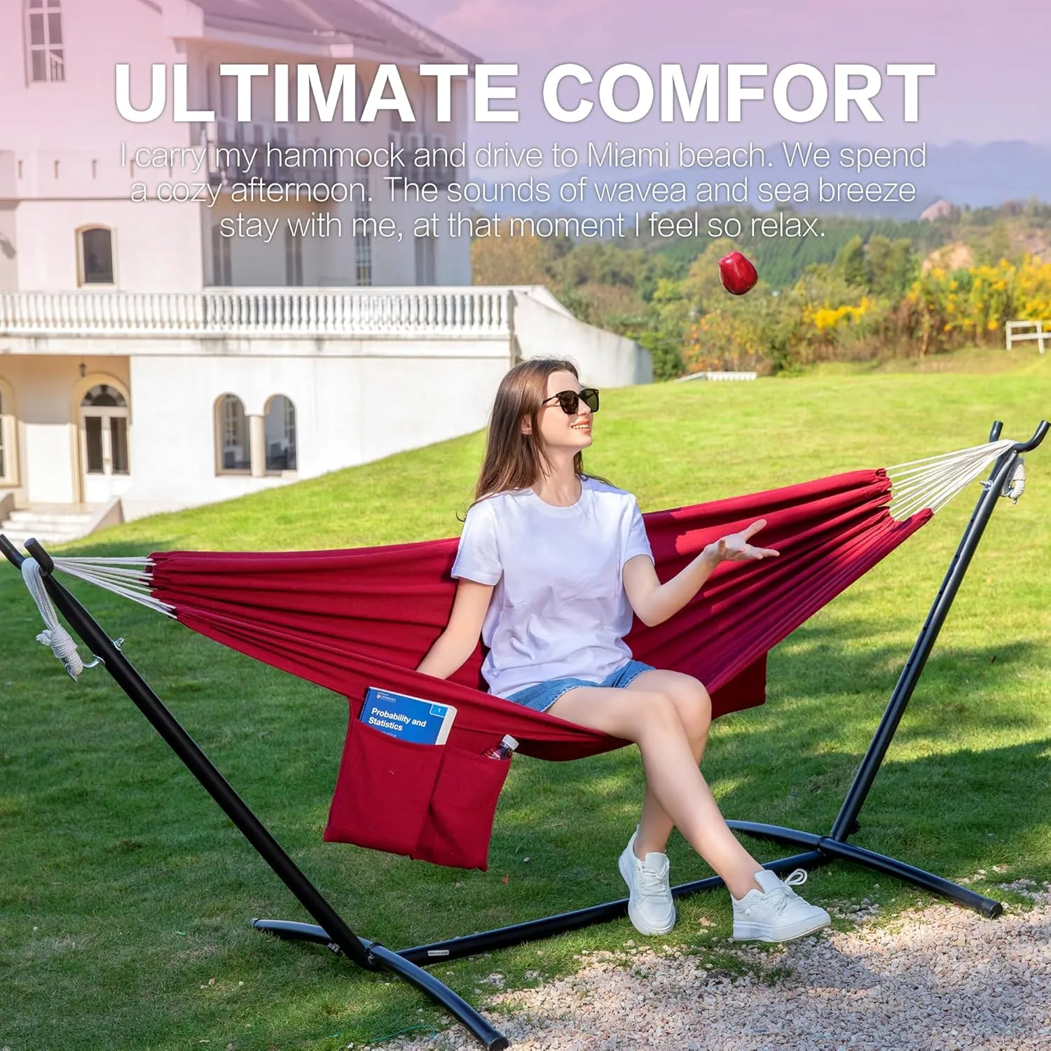 PNAEUT Double Hammock with Space Saving Steel Stand 2 Person Heavy Duty Garden Yard Outdoor 450lb Capacity Hammocks and Portable Carrying Bag (Cherry)