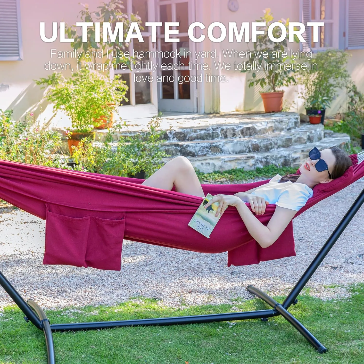 PNAEUT Double Hammock with Space Saving Steel Stand 2 Person Heavy Duty Garden Yard Outdoor 450lb Capacity Hammocks and Portable Carrying Bag (Cherry)