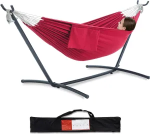 PNAEUT Double Hammock with Space Saving Steel Stand 2 Person Heavy Duty Garden Yard Outdoor 450lb Capacity Hammocks and Portable Carrying Bag (Cherry)