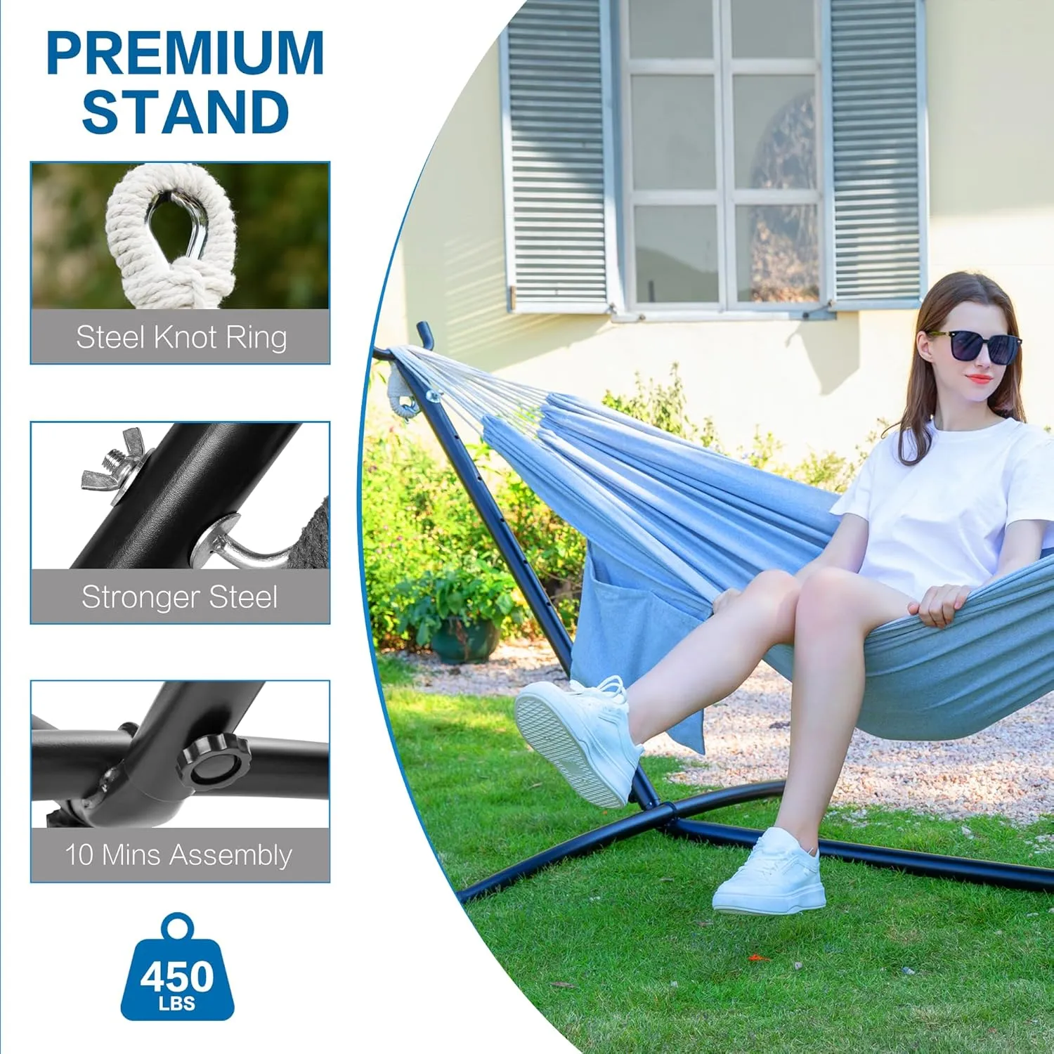 PNAEUT Double Hammock with Space Saving Steel Stand 2 Person Heavy Duty Garden Yard Outdoor 450lb Capacity Hammocks and Portable Carrying Bag (Gray)