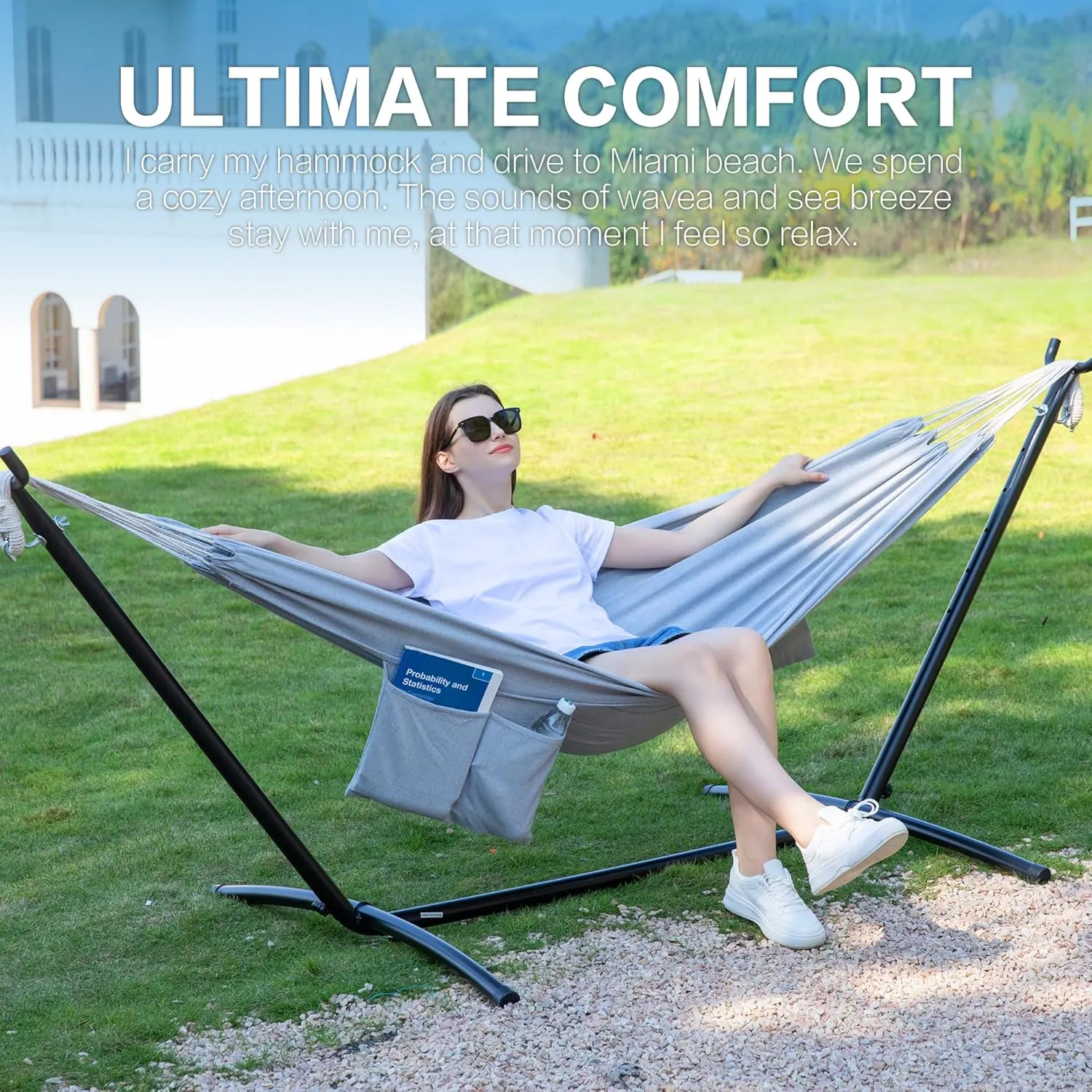 PNAEUT Double Hammock with Space Saving Steel Stand 2 Person Heavy Duty Garden Yard Outdoor 450lb Capacity Hammocks and Portable Carrying Bag (Gray)