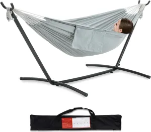 PNAEUT Double Hammock with Space Saving Steel Stand 2 Person Heavy Duty Garden Yard Outdoor 450lb Capacity Hammocks and Portable Carrying Bag (Gray)