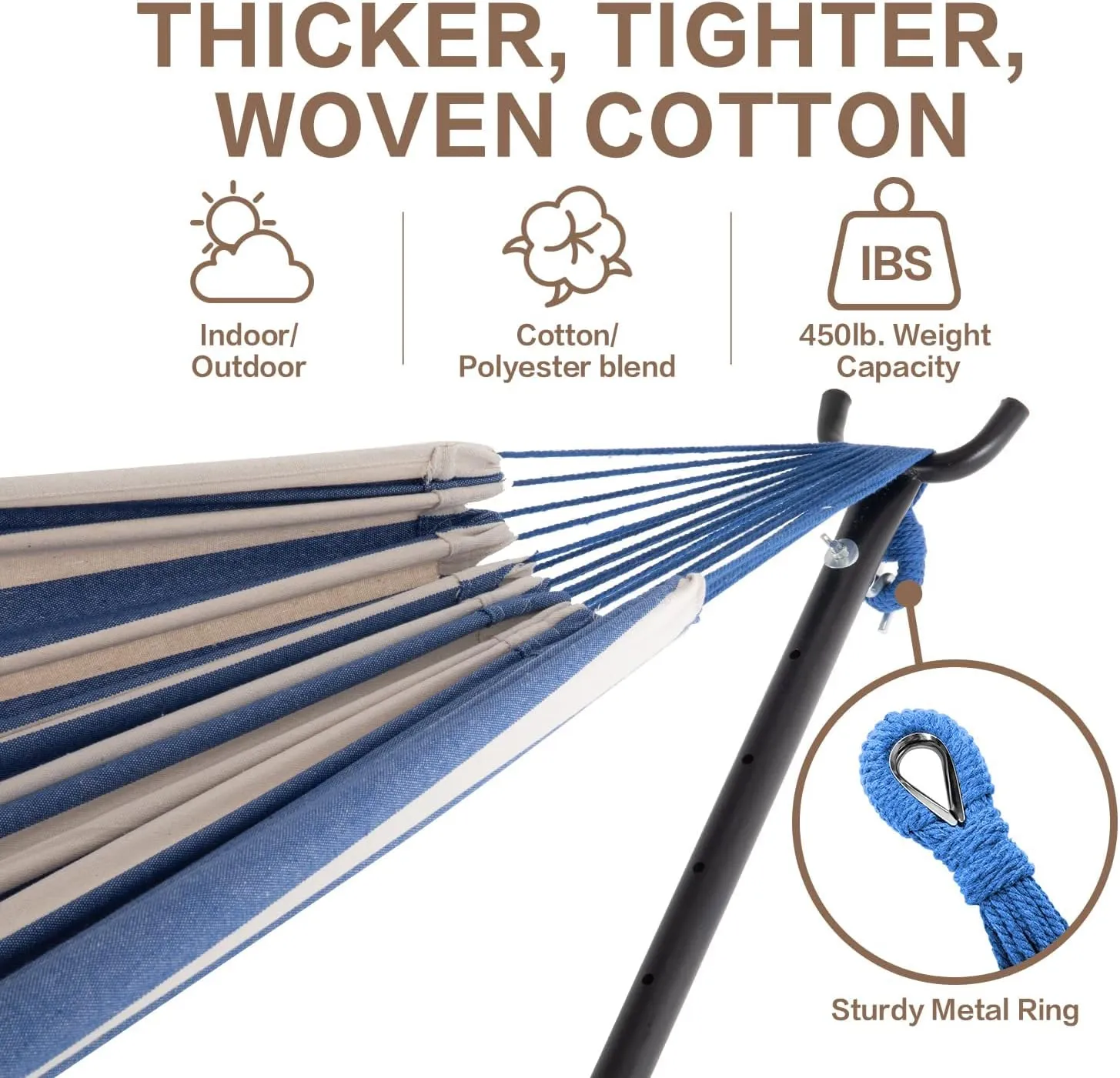 PNAEUT Double Hammock with Space Saving Steel Stand Included 2 Person Heavy Duty Garden Yard Outdoor 450lb Capacity Hammocks (Sky)