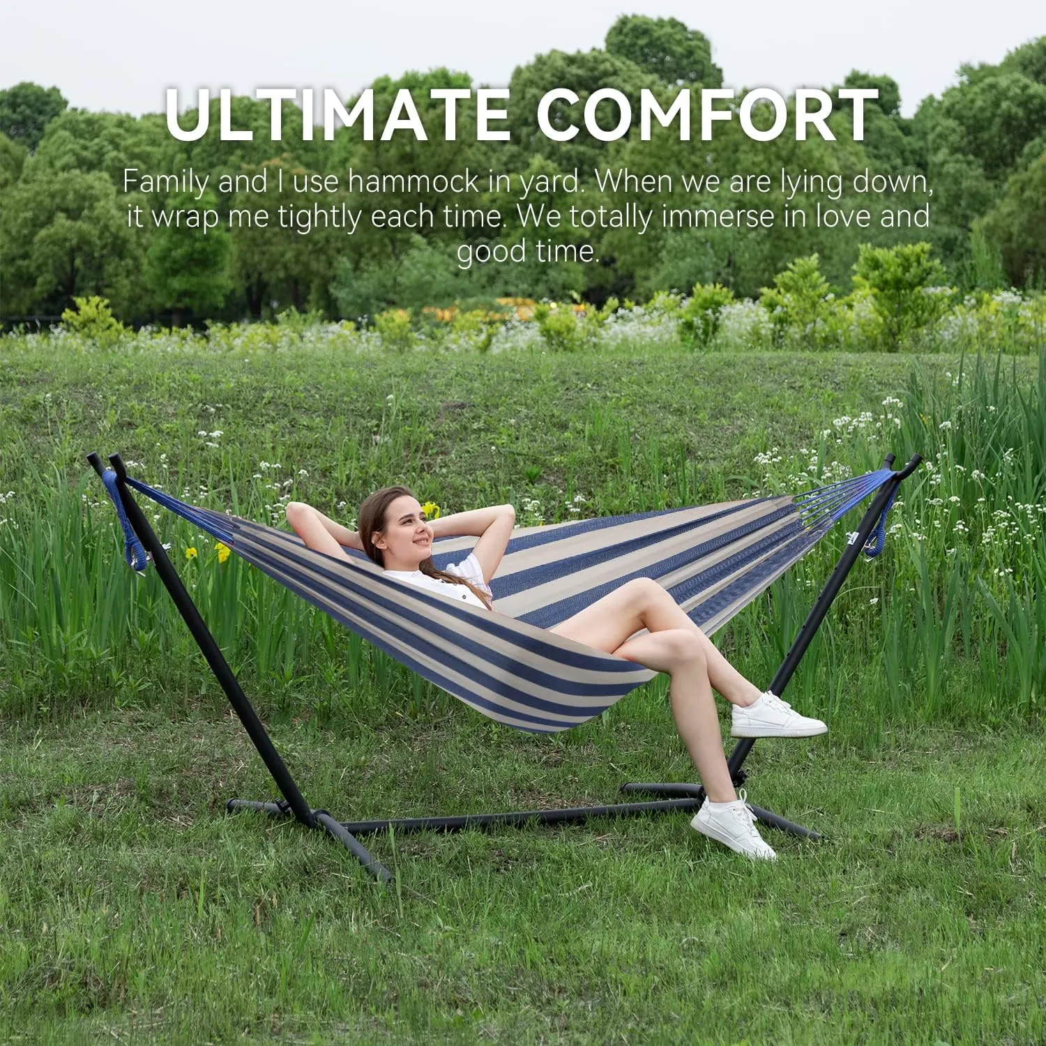PNAEUT Double Hammock with Space Saving Steel Stand Included 2 Person Heavy Duty Garden Yard Outdoor 450lb Capacity Hammocks (Sky)