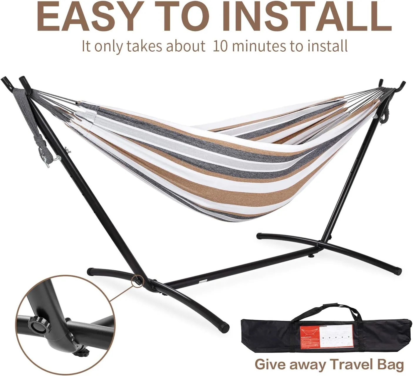 PNAEUT Double Hammock with Space Saving Steel Stand Included 2 Person Heavy Duty Outside Garden Yard Outdoor 450lb Capacity 2 People Standing Hammocks and Portable Carrying Bag (Coffee)
