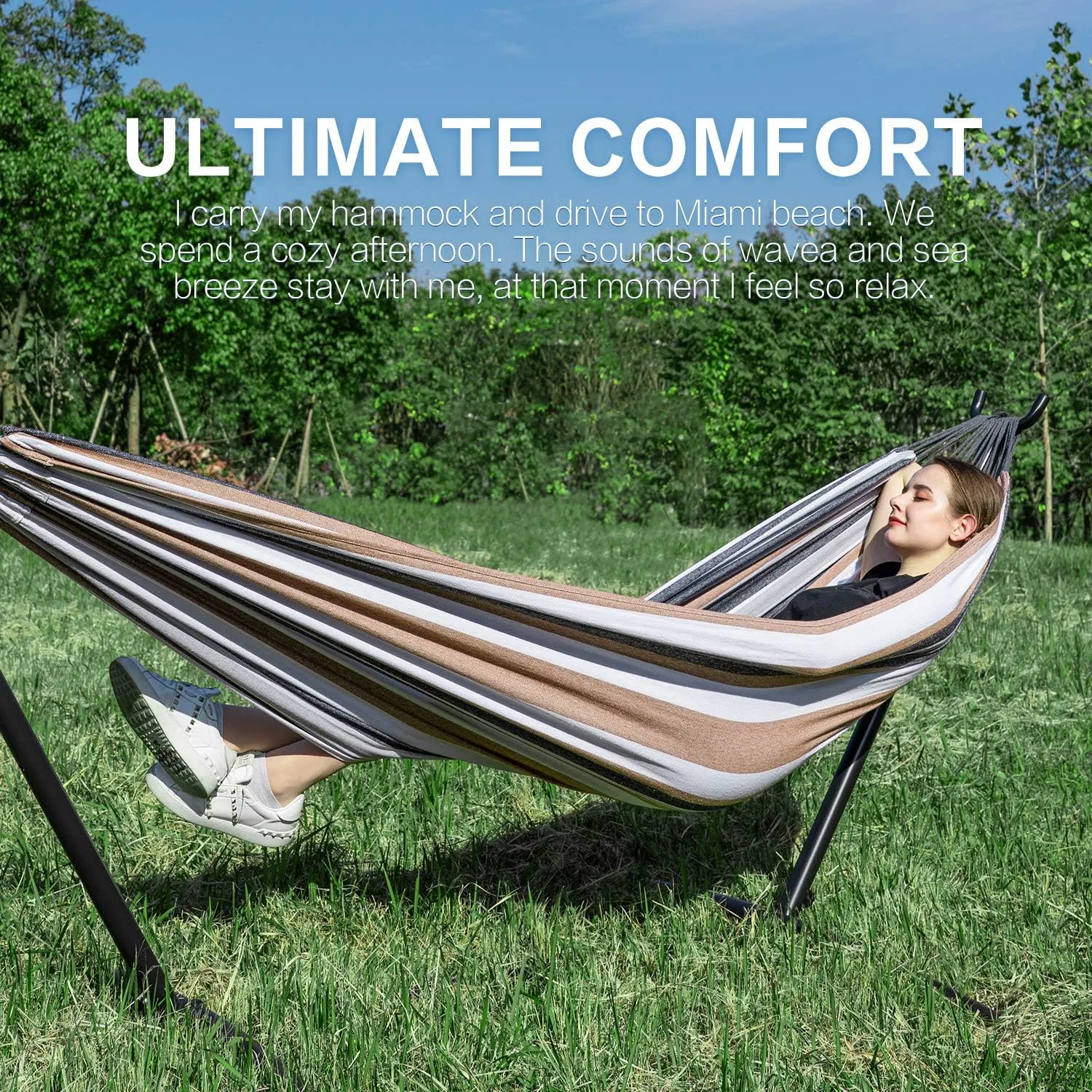 PNAEUT Double Hammock with Space Saving Steel Stand Included 2 Person Heavy Duty Outside Garden Yard Outdoor 450lb Capacity 2 People Standing Hammocks and Portable Carrying Bag (Coffee)