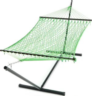 PNAEUT Double Hammock with Stand for Outside, Rope Hammocks with Hardwood Spreader Bar 2 Person, 12ft Heavy Duty Stand, Extra Pillow, Max 475 lbs Capacity (Green)