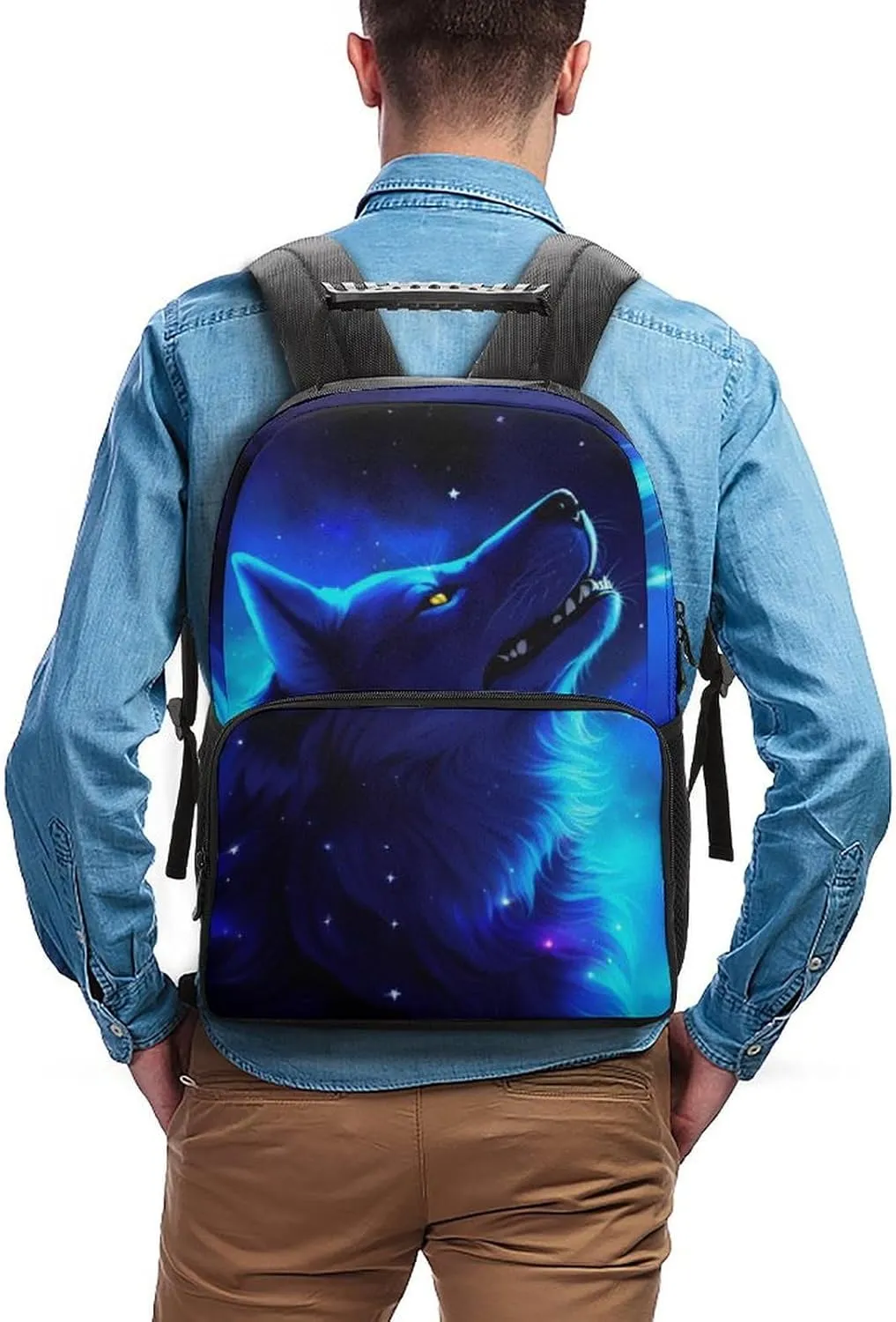 Polyester Daypack Backpack for Climbing Outdoors Running - Big Capacity Multipurpose Anti-Theft Bookbag, Blue Universe Galaxy Magic Wolf In The Space Art Travel Hiking & Camping Rucksack