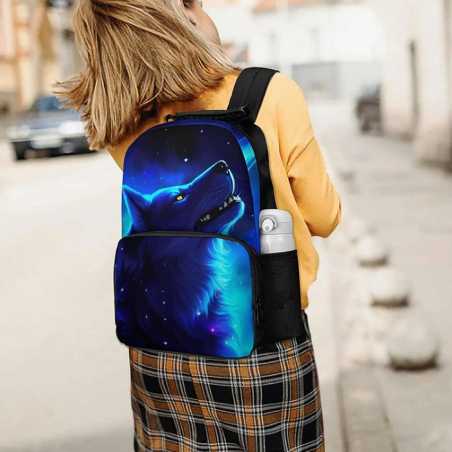 Polyester Daypack Backpack for Climbing Outdoors Running - Big Capacity Multipurpose Anti-Theft Bookbag, Blue Universe Galaxy Magic Wolf In The Space Art Travel Hiking & Camping Rucksack