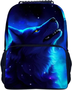 Polyester Daypack Backpack for Climbing Outdoors Running - Big Capacity Multipurpose Anti-Theft Bookbag, Blue Universe Galaxy Magic Wolf In The Space Art Travel Hiking & Camping Rucksack
