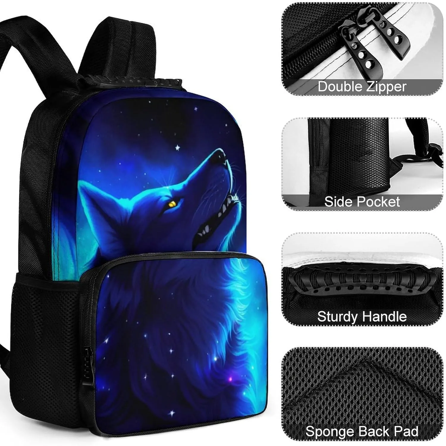 Polyester Daypack Backpack for Climbing Outdoors Running - Big Capacity Multipurpose Anti-Theft Bookbag, Blue Universe Galaxy Magic Wolf In The Space Art Travel Hiking & Camping Rucksack