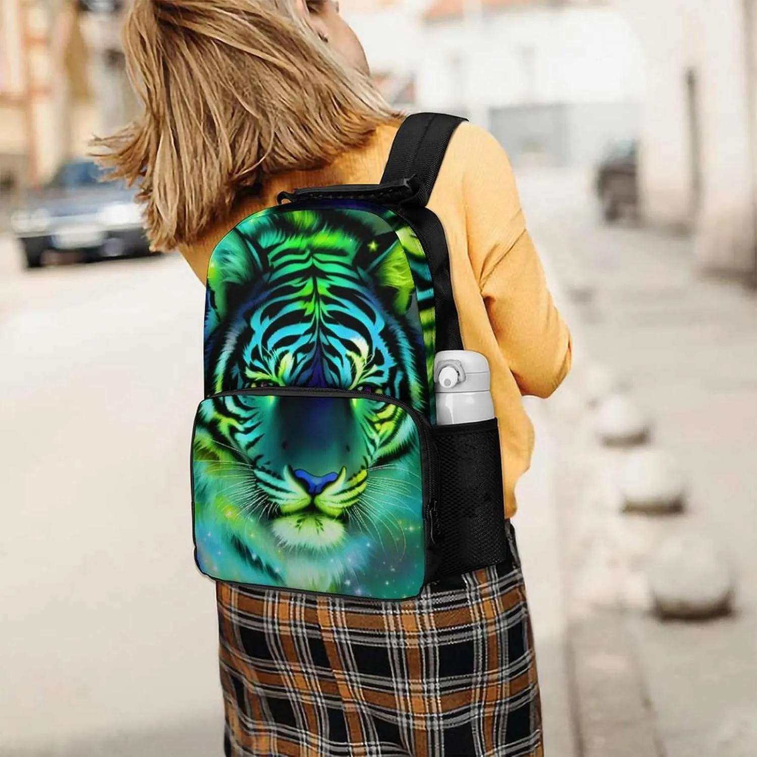 Polyester Daypack Backpack for Climbing Outdoors Running - Big Capacity Multipurpose Anti-Theft Bookbag, Mystic Fantasy Galaxy Sky Tiger Wild Animals Boho Style Travel Hiking & Camping Rucksack