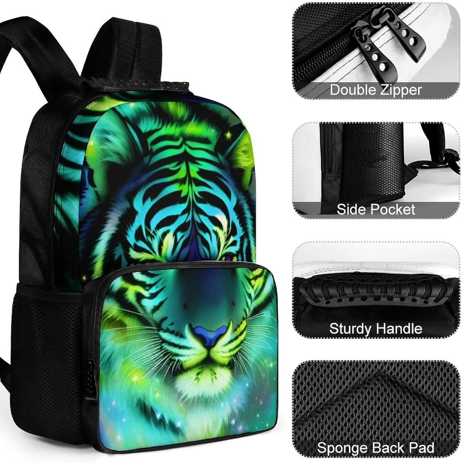 Polyester Daypack Backpack for Climbing Outdoors Running - Big Capacity Multipurpose Anti-Theft Bookbag, Mystic Fantasy Galaxy Sky Tiger Wild Animals Boho Style Travel Hiking & Camping Rucksack