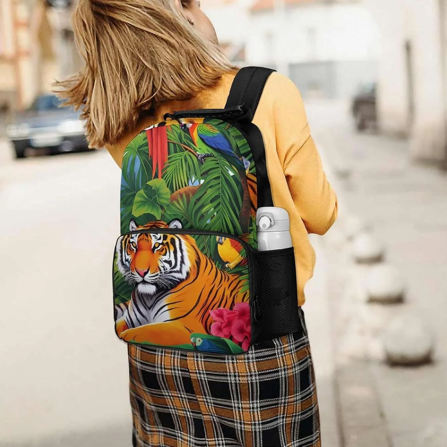 Polyester Daypack Backpack for Sports Travel Running - Big Capacity Anti-Theft Multipurpose Carry On Bag, Tiger Tropical Rainforest Landscape Jungle Parrot Birds Art Laptop Book Bag Rucksack