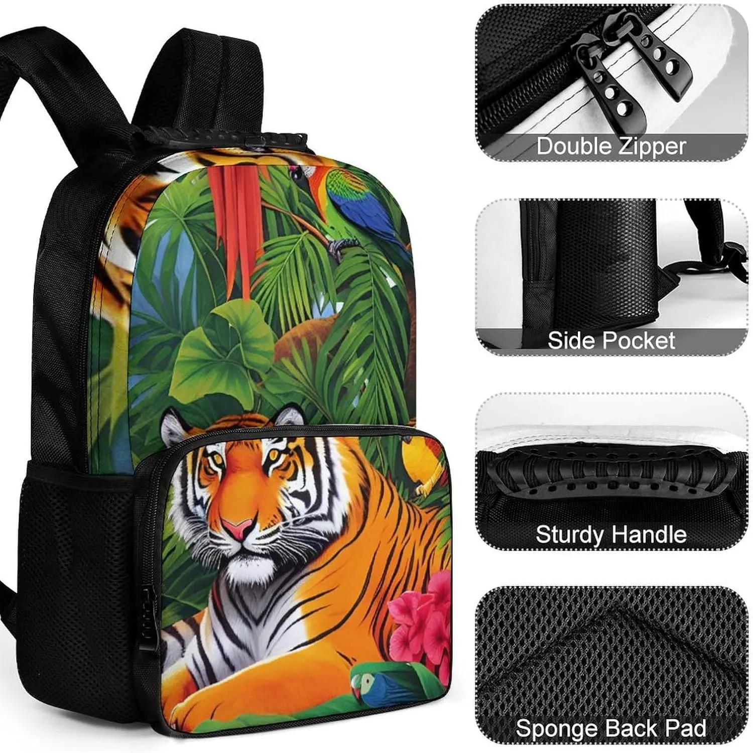 Polyester Daypack Backpack for Sports Travel Running - Big Capacity Anti-Theft Multipurpose Carry On Bag, Tiger Tropical Rainforest Landscape Jungle Parrot Birds Art Laptop Book Bag Rucksack