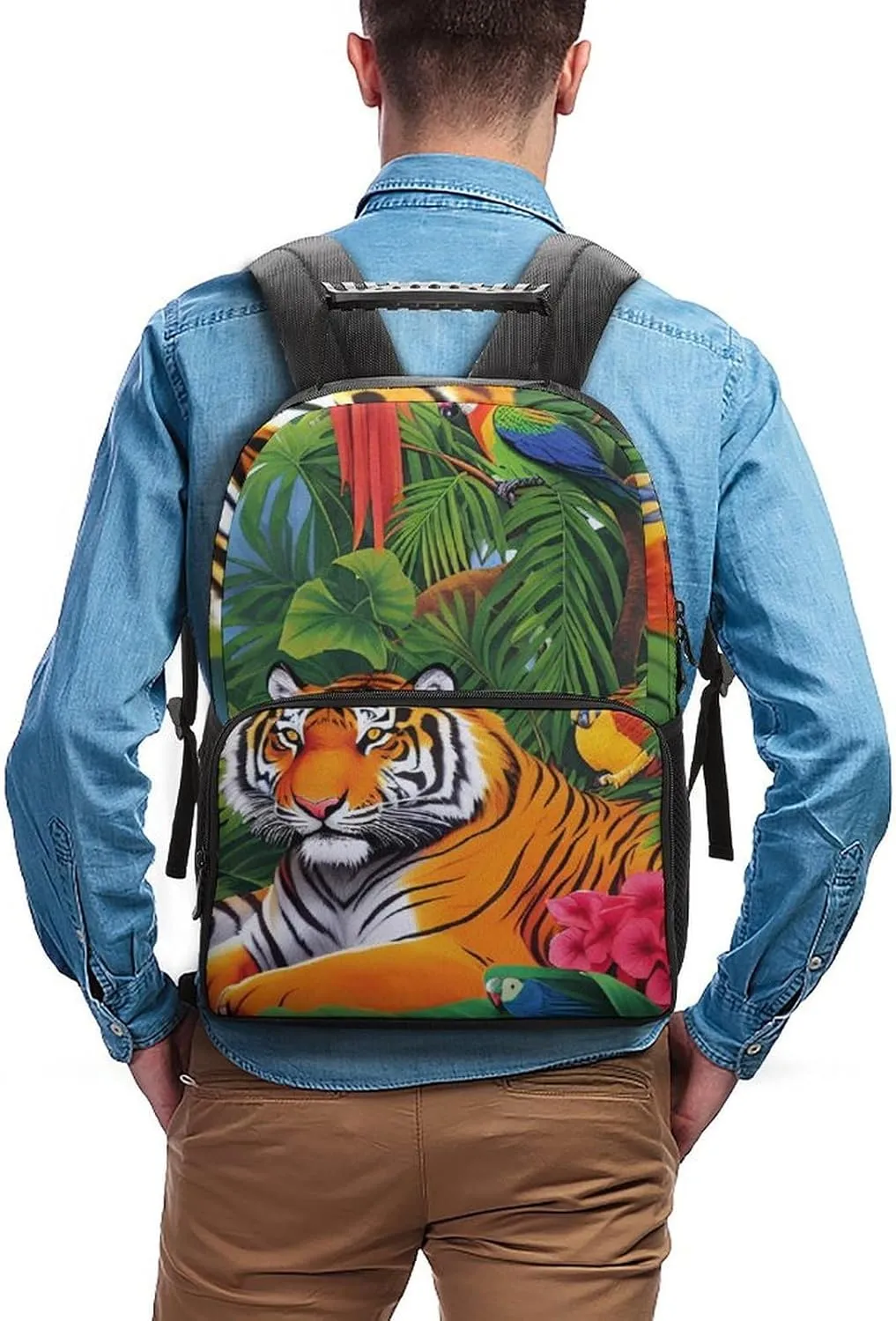 Polyester Daypack Backpack for Sports Travel Running - Big Capacity Anti-Theft Multipurpose Carry On Bag, Tiger Tropical Rainforest Landscape Jungle Parrot Birds Art Laptop Book Bag Rucksack