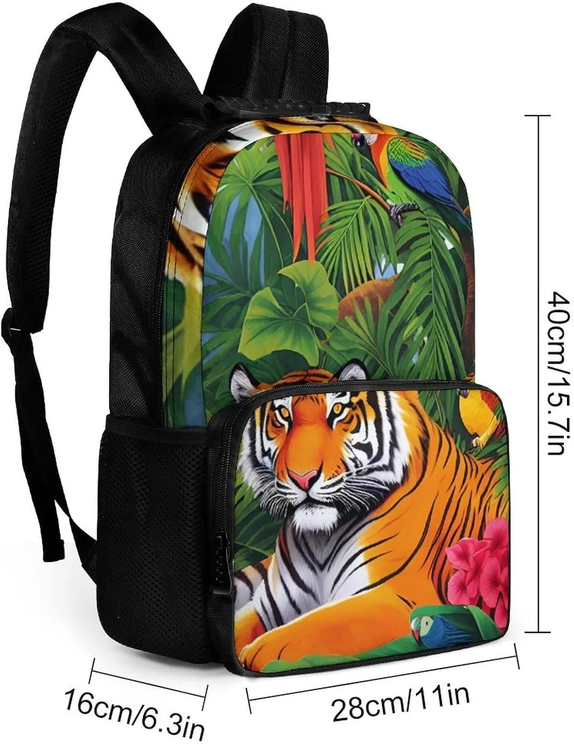 Polyester Daypack Backpack for Sports Travel Running - Big Capacity Anti-Theft Multipurpose Carry On Bag, Tiger Tropical Rainforest Landscape Jungle Parrot Birds Art Laptop Book Bag Rucksack