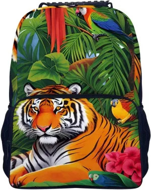 Polyester Daypack Backpack for Sports Travel Running - Big Capacity Anti-Theft Multipurpose Carry On Bag, Tiger Tropical Rainforest Landscape Jungle Parrot Birds Art Laptop Book Bag Rucksack