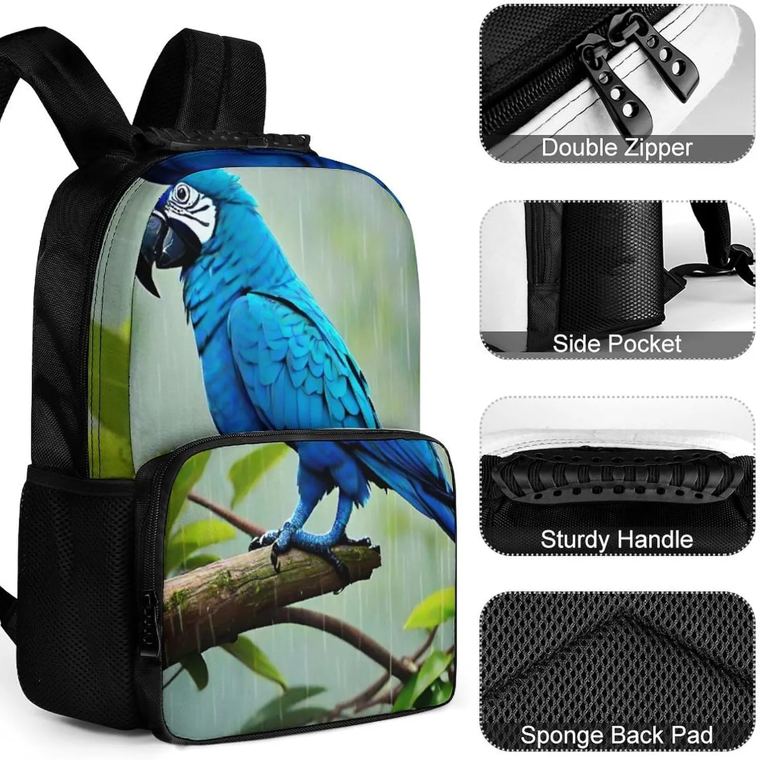 Polyester Daypack Backpack for Trekking Picnic Walking Cycling - Large Capacity Anti-Theft Multipurpose Shoulder Bag, Lovely Blue Parrot Rain Art Casual Daypack