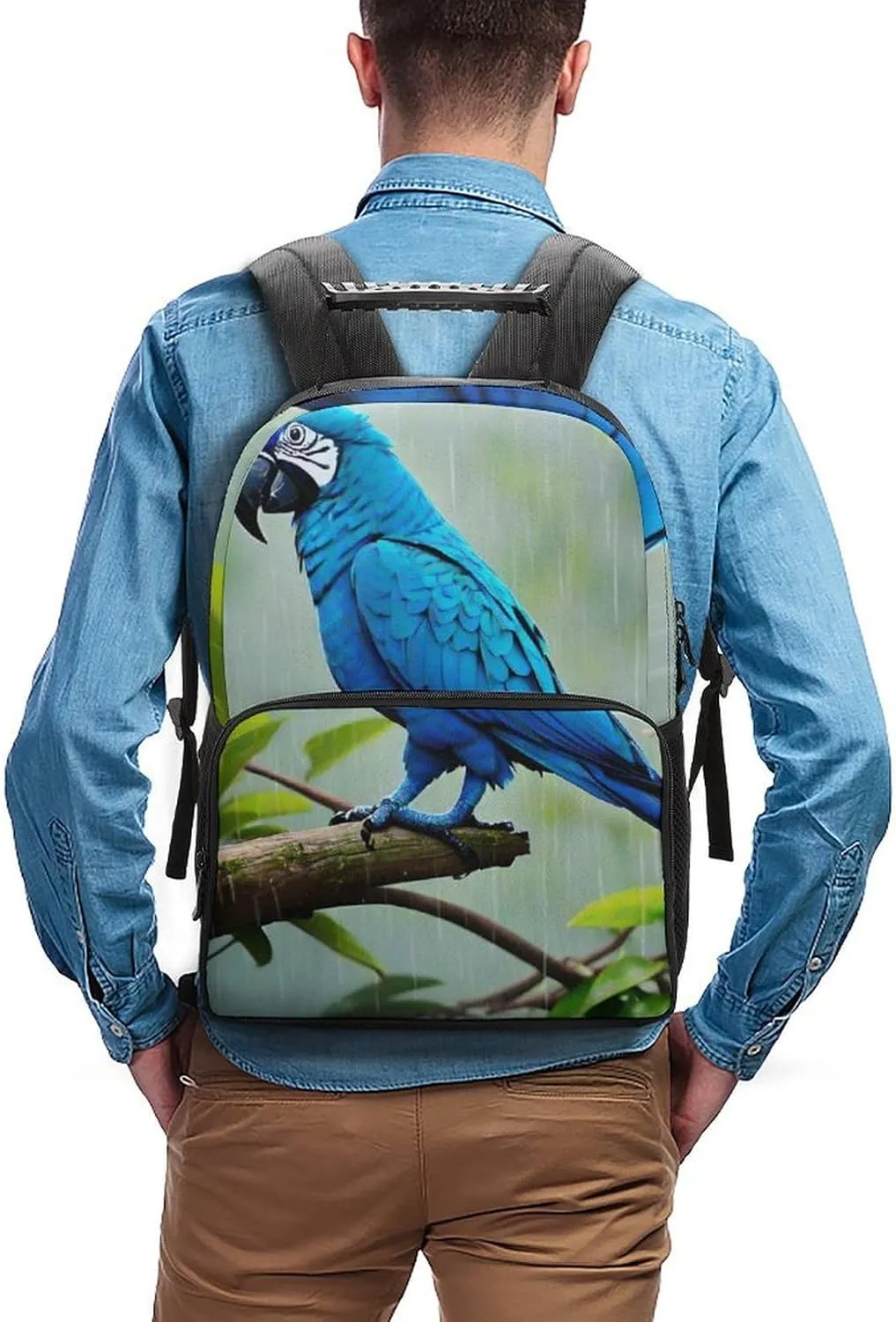 Polyester Daypack Backpack for Trekking Picnic Walking Cycling - Large Capacity Anti-Theft Multipurpose Shoulder Bag, Lovely Blue Parrot Rain Art Casual Daypack