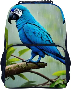 Polyester Daypack Backpack for Trekking Picnic Walking Cycling - Large Capacity Anti-Theft Multipurpose Shoulder Bag, Lovely Blue Parrot Rain Art Casual Daypack