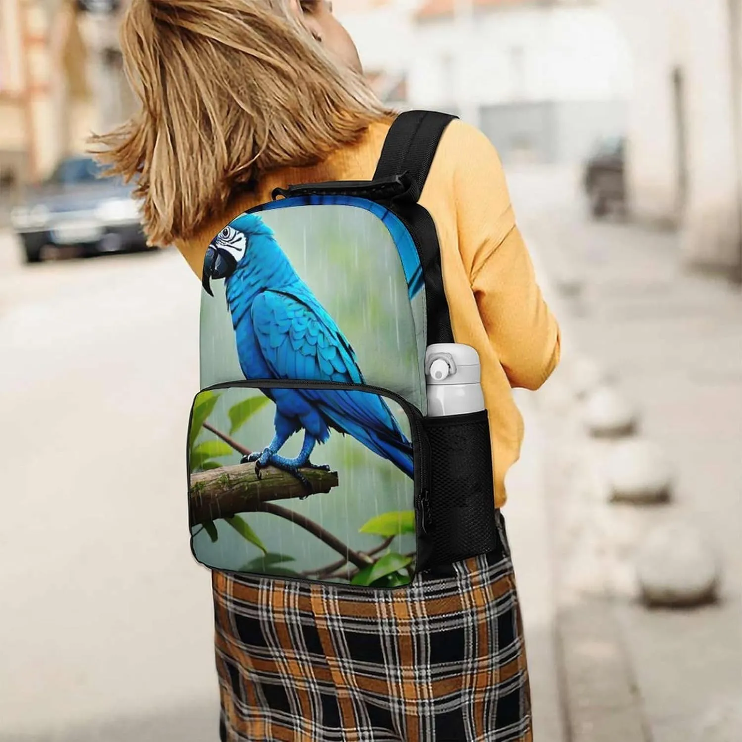 Polyester Daypack Backpack for Trekking Picnic Walking Cycling - Large Capacity Anti-Theft Multipurpose Shoulder Bag, Lovely Blue Parrot Rain Art Casual Daypack
