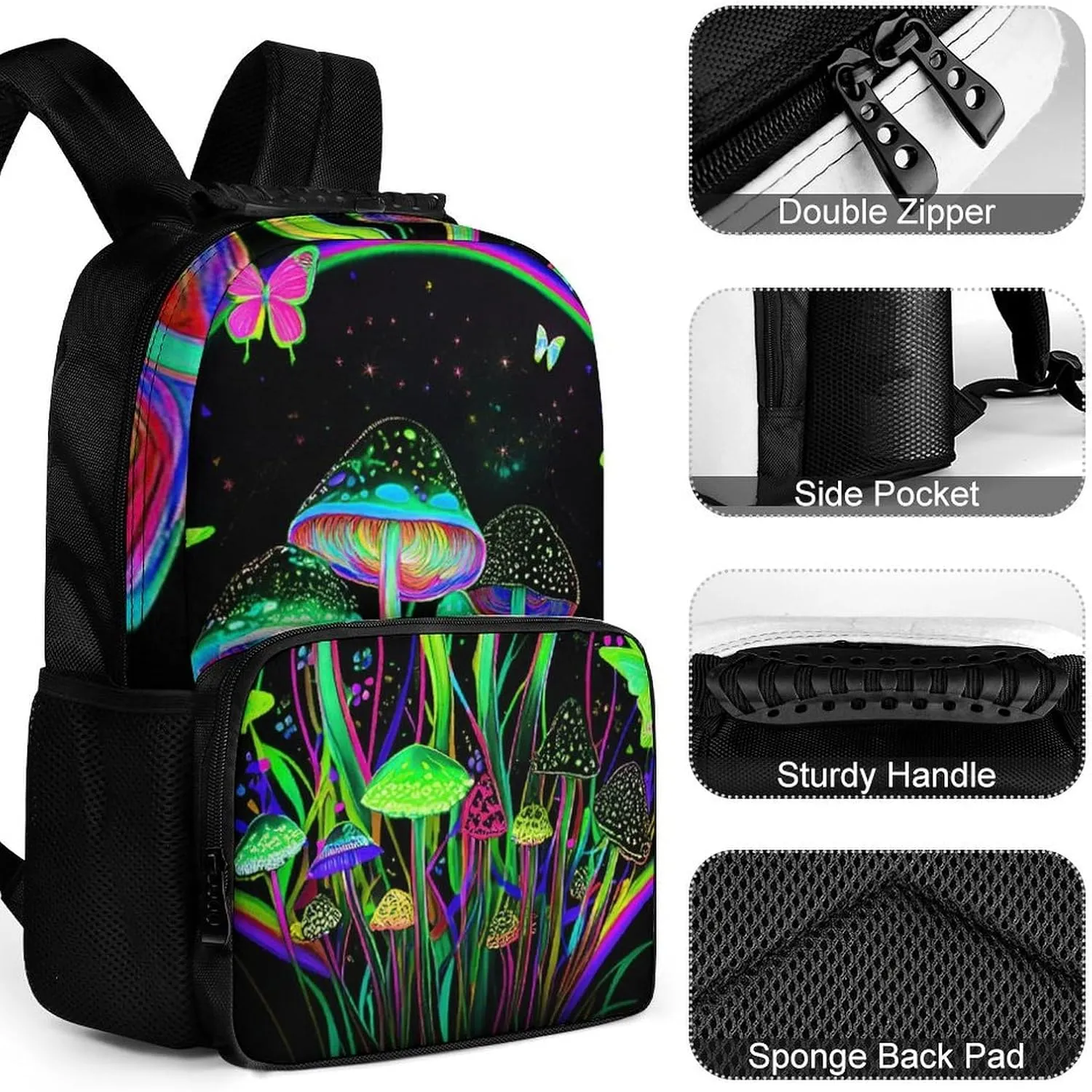 Polyester Daypack Backpack for Trekking Picnic Walking Cycling - Large Capacity Anti-Theft Multipurpose Shoulder Bag, Trippy Mushroom Butterflies Glowing Psychedelic Art Casual Daypack