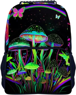 Polyester Daypack Backpack for Trekking Picnic Walking Cycling - Large Capacity Anti-Theft Multipurpose Shoulder Bag, Trippy Mushroom Butterflies Glowing Psychedelic Art Casual Daypack