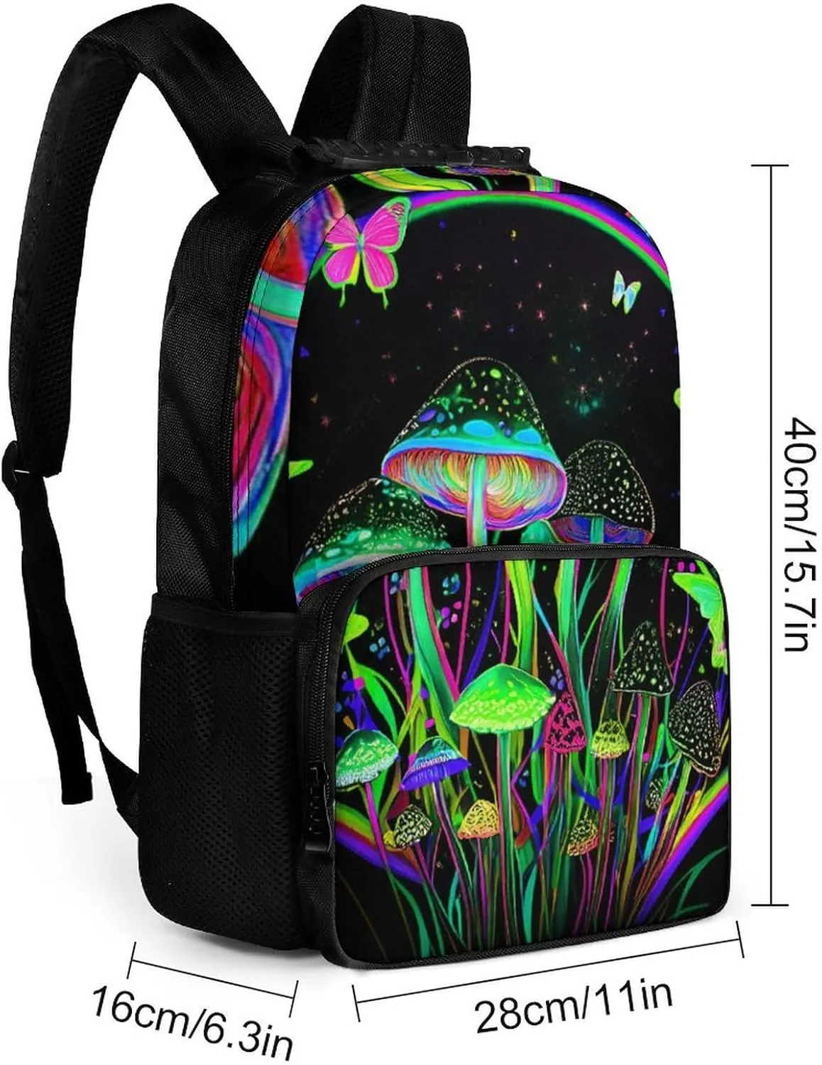 Polyester Daypack Backpack for Trekking Picnic Walking Cycling - Large Capacity Anti-Theft Multipurpose Shoulder Bag, Trippy Mushroom Butterflies Glowing Psychedelic Art Casual Daypack