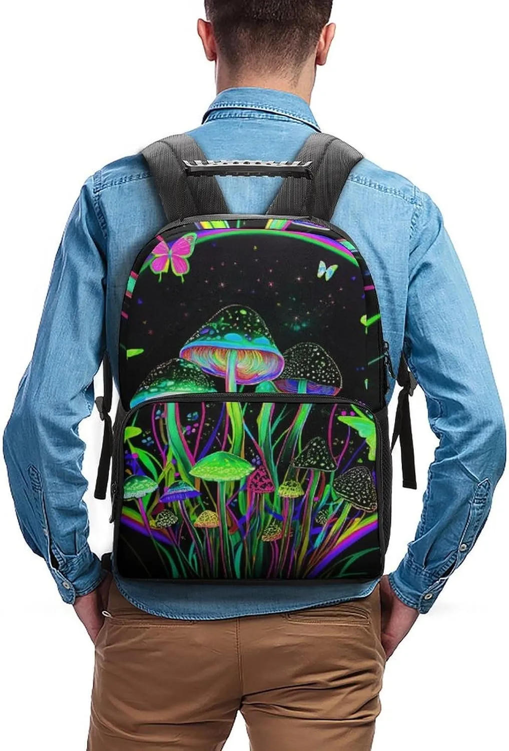 Polyester Daypack Backpack for Trekking Picnic Walking Cycling - Large Capacity Anti-Theft Multipurpose Shoulder Bag, Trippy Mushroom Butterflies Glowing Psychedelic Art Casual Daypack