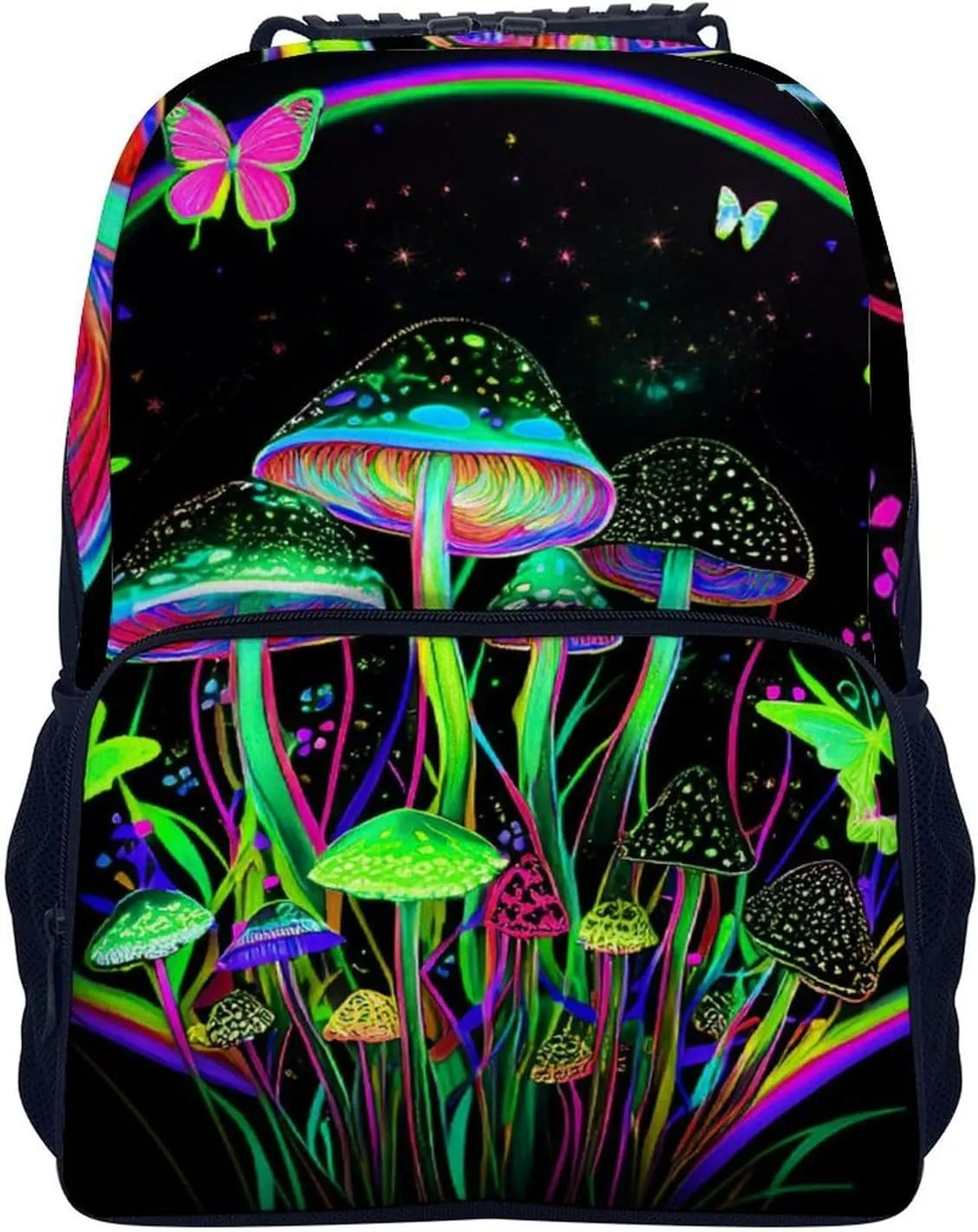 Polyester Daypack Backpack for Trekking Picnic Walking Cycling - Large Capacity Anti-Theft Multipurpose Shoulder Bag, Trippy Mushroom Butterflies Glowing Psychedelic Art Casual Daypack