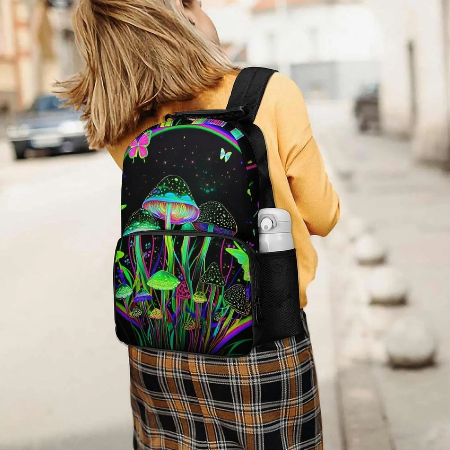 Polyester Daypack Backpack for Trekking Picnic Walking Cycling - Large Capacity Anti-Theft Multipurpose Shoulder Bag, Trippy Mushroom Butterflies Glowing Psychedelic Art Casual Daypack