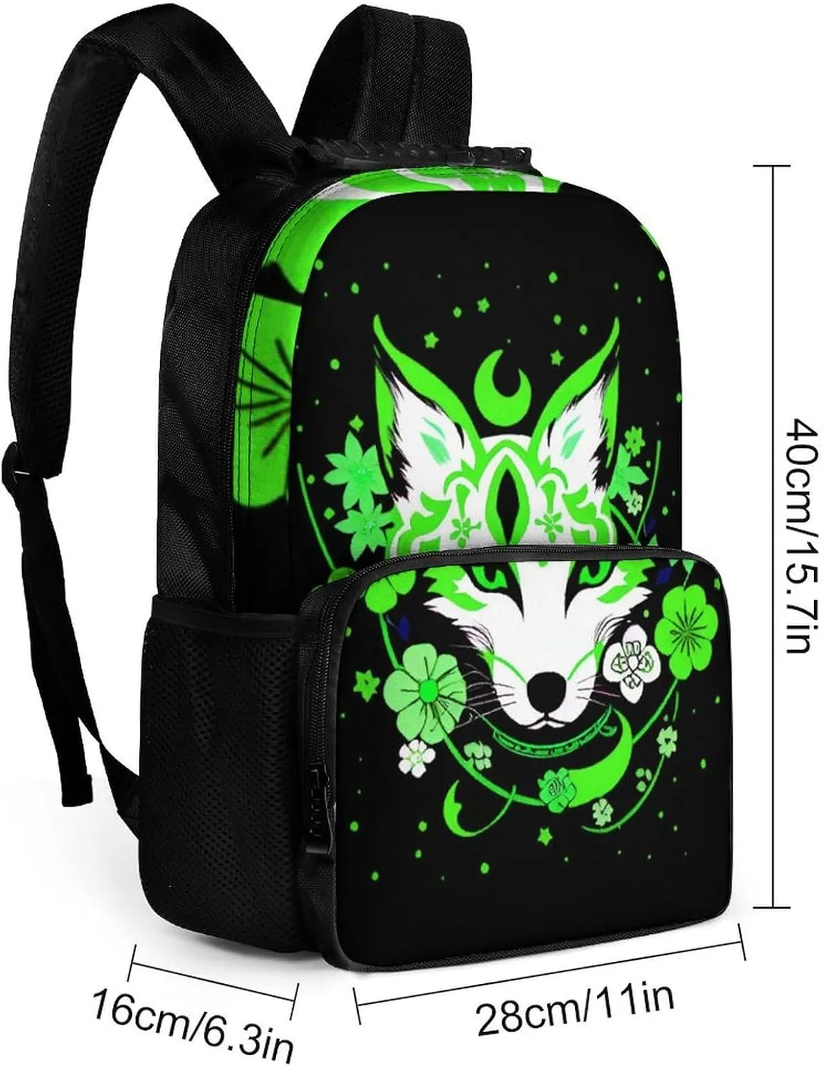 Polyester Daypack Bookbag for Gym Business Bicycle - Large Capacity Multipurpose Anti-Theft Carry On Bag, Japanese Kitsune Fox Magical Flowers Art Travel Hiking Daypack
