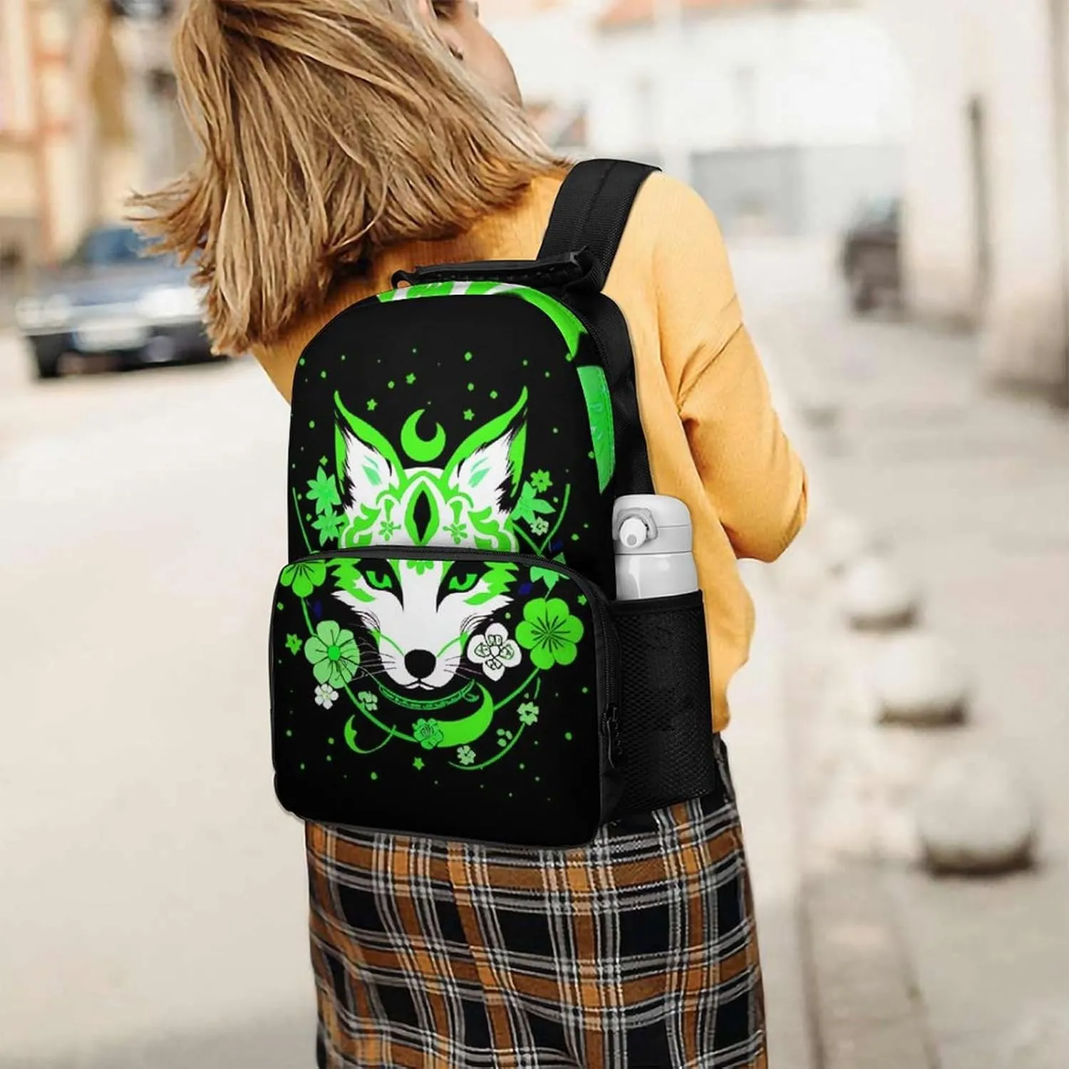 Polyester Daypack Bookbag for Gym Business Bicycle - Large Capacity Multipurpose Anti-Theft Carry On Bag, Japanese Kitsune Fox Magical Flowers Art Travel Hiking Daypack