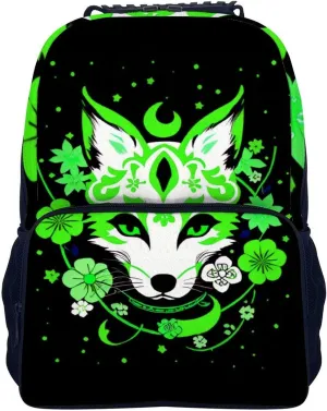 Polyester Daypack Bookbag for Gym Business Bicycle - Large Capacity Multipurpose Anti-Theft Carry On Bag, Japanese Kitsune Fox Magical Flowers Art Travel Hiking Daypack