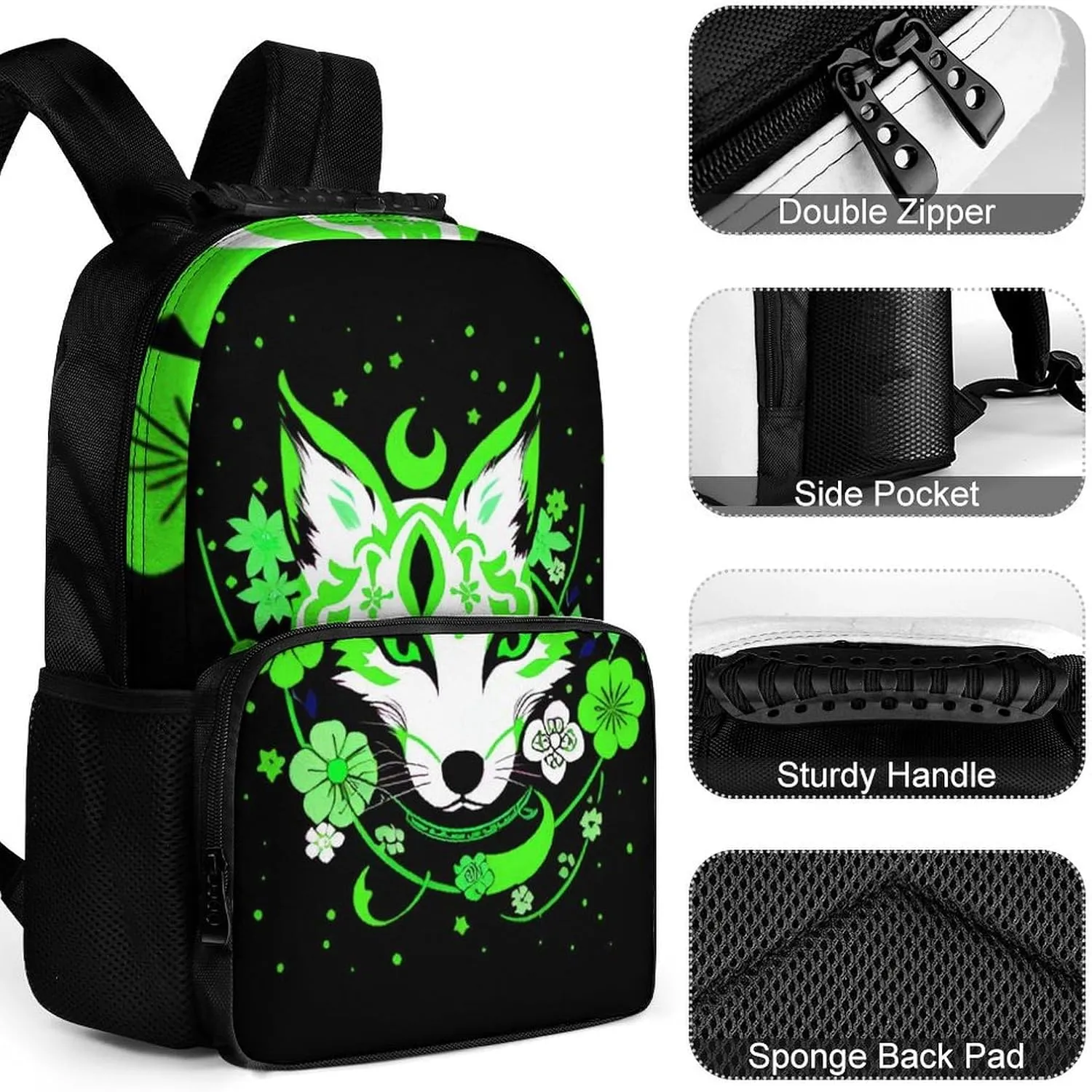 Polyester Daypack Bookbag for Gym Business Bicycle - Large Capacity Multipurpose Anti-Theft Carry On Bag, Japanese Kitsune Fox Magical Flowers Art Travel Hiking Daypack