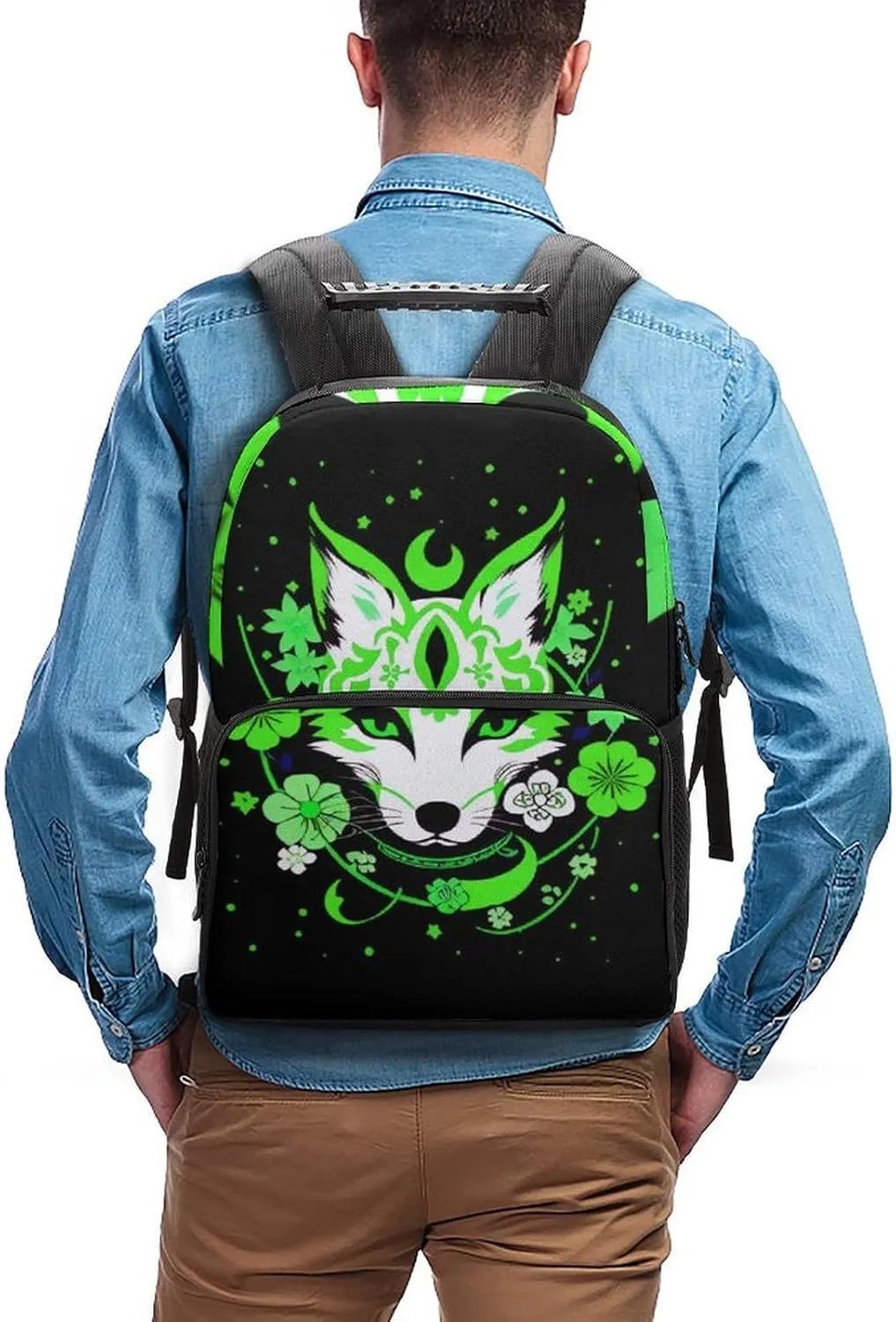 Polyester Daypack Bookbag for Gym Business Bicycle - Large Capacity Multipurpose Anti-Theft Carry On Bag, Japanese Kitsune Fox Magical Flowers Art Travel Hiking Daypack