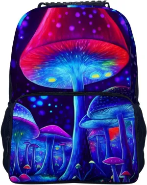 Polyester Daypack Bookbag for Gym Business Bicycle - Large Capacity Multipurpose Anti-Theft Carry On Bag, Magic Mushrooms Fairytale Mushrooms Scenery Psychedelic Art Travel Hiking Daypack