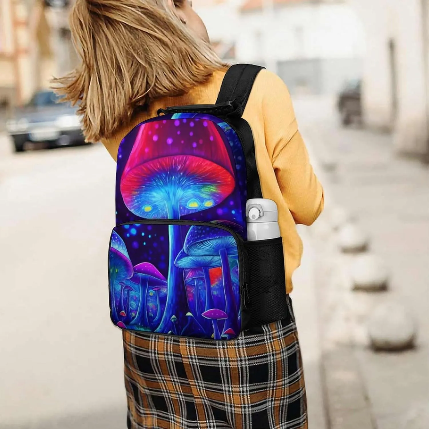 Polyester Daypack Bookbag for Gym Business Bicycle - Large Capacity Multipurpose Anti-Theft Carry On Bag, Magic Mushrooms Fairytale Mushrooms Scenery Psychedelic Art Travel Hiking Daypack