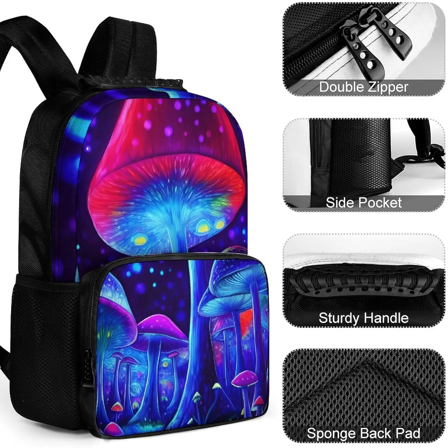 Polyester Daypack Bookbag for Gym Business Bicycle - Large Capacity Multipurpose Anti-Theft Carry On Bag, Magic Mushrooms Fairytale Mushrooms Scenery Psychedelic Art Travel Hiking Daypack