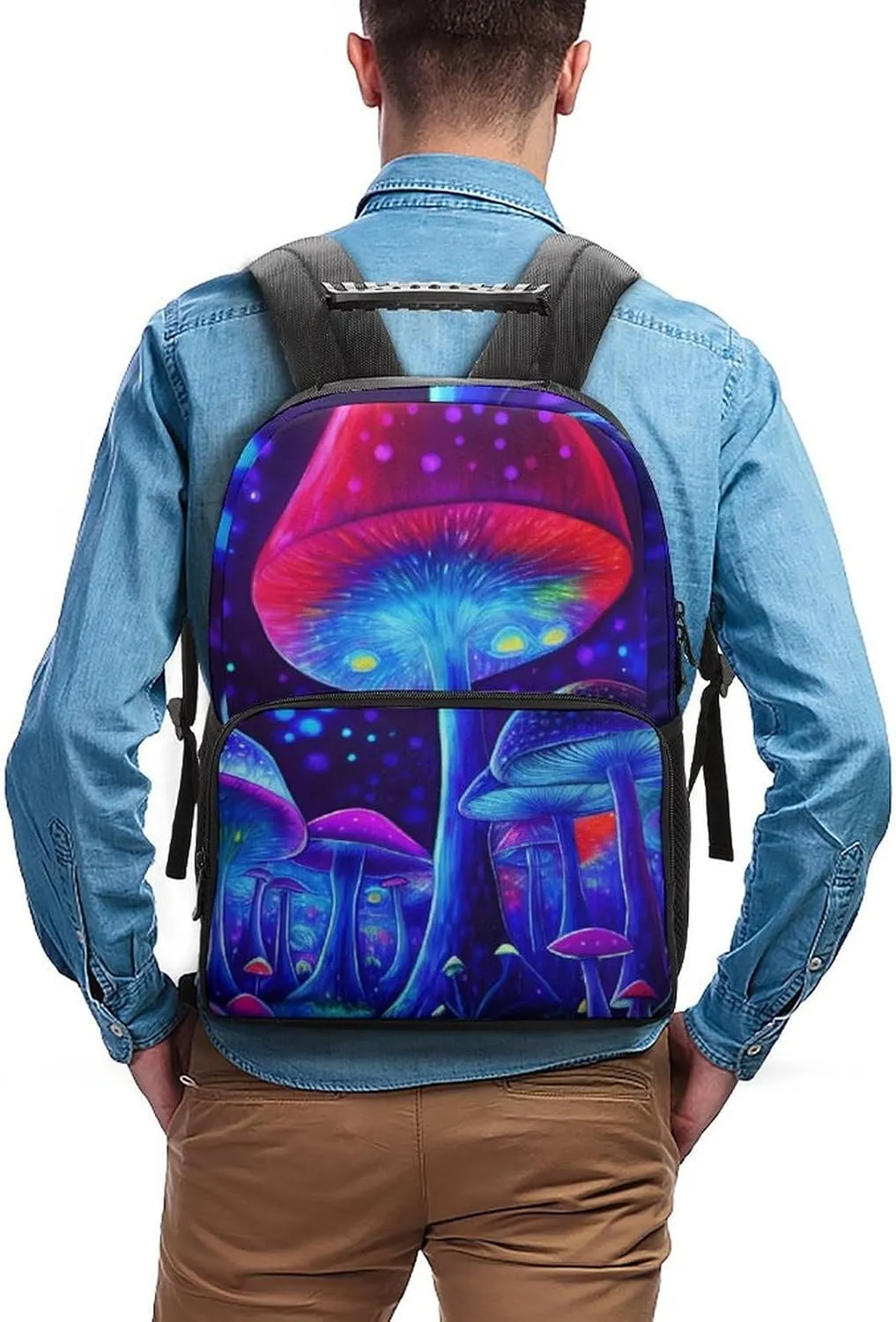 Polyester Daypack Bookbag for Gym Business Bicycle - Large Capacity Multipurpose Anti-Theft Carry On Bag, Magic Mushrooms Fairytale Mushrooms Scenery Psychedelic Art Travel Hiking Daypack