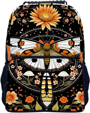 Polyester Daypack for Hiking Work Running - Big Capacity Anti-Theft Multipurpose Shoulder Bag, Orange Moth Floral Flowers Vintage Art Travel and Sport Backpack Rucksack