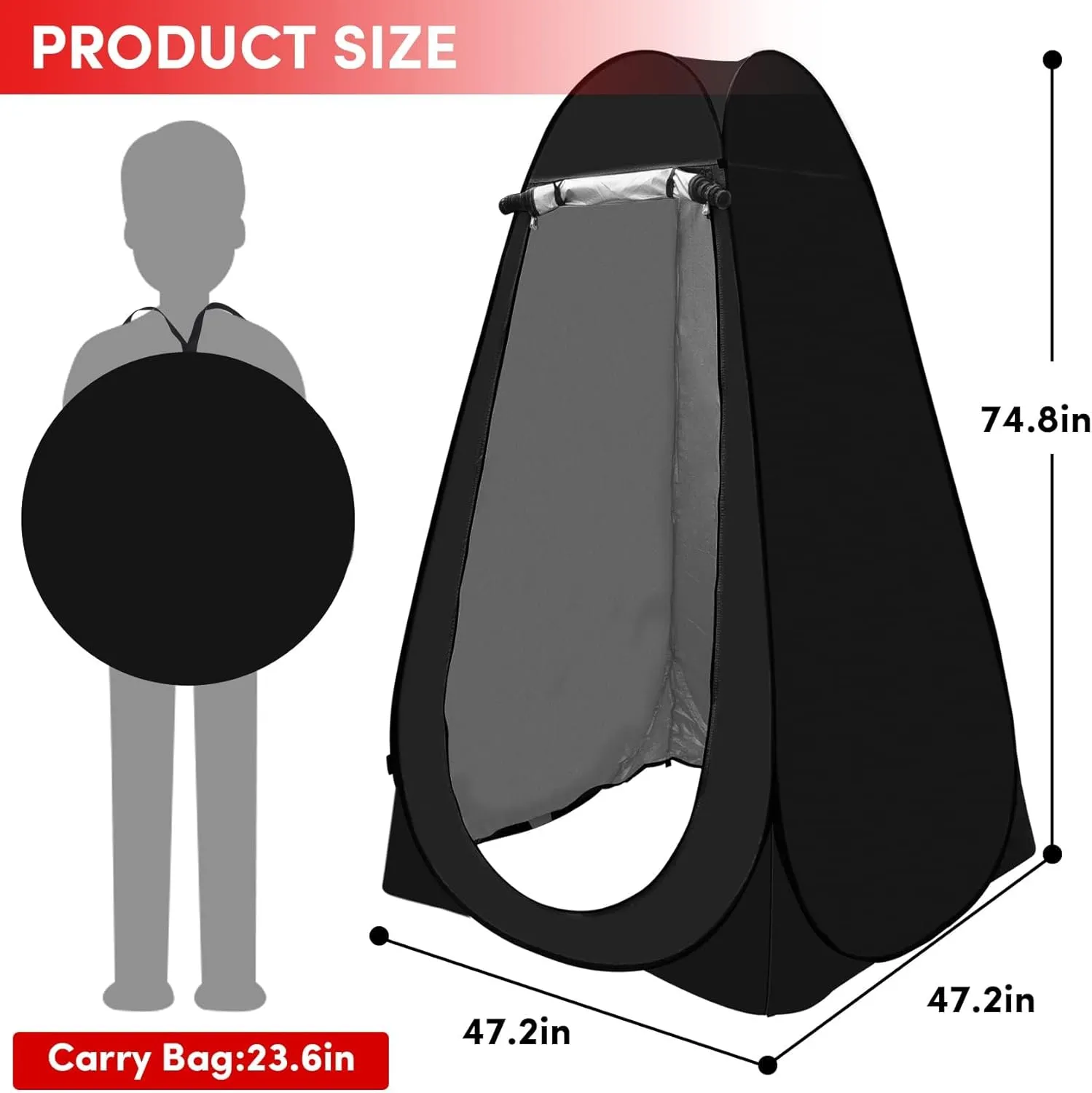 Pop Up Shower Tent Portable Camping Bathroom Toilet Tent Changing Dressing Room Privacy Shelters Room for Hiking Beach Sun Shelter Picnic Fishing UPF50  Waterproof (Black)