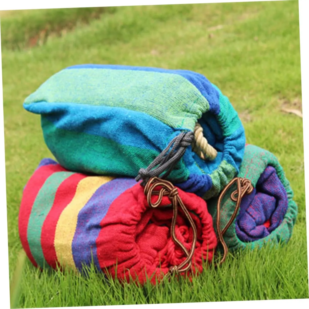 POPETPOP Rainbow Striped Canvas Double Hammock Camping Hammock Swing Lightweight Portable Suitable for 2 People Outdoor Travel